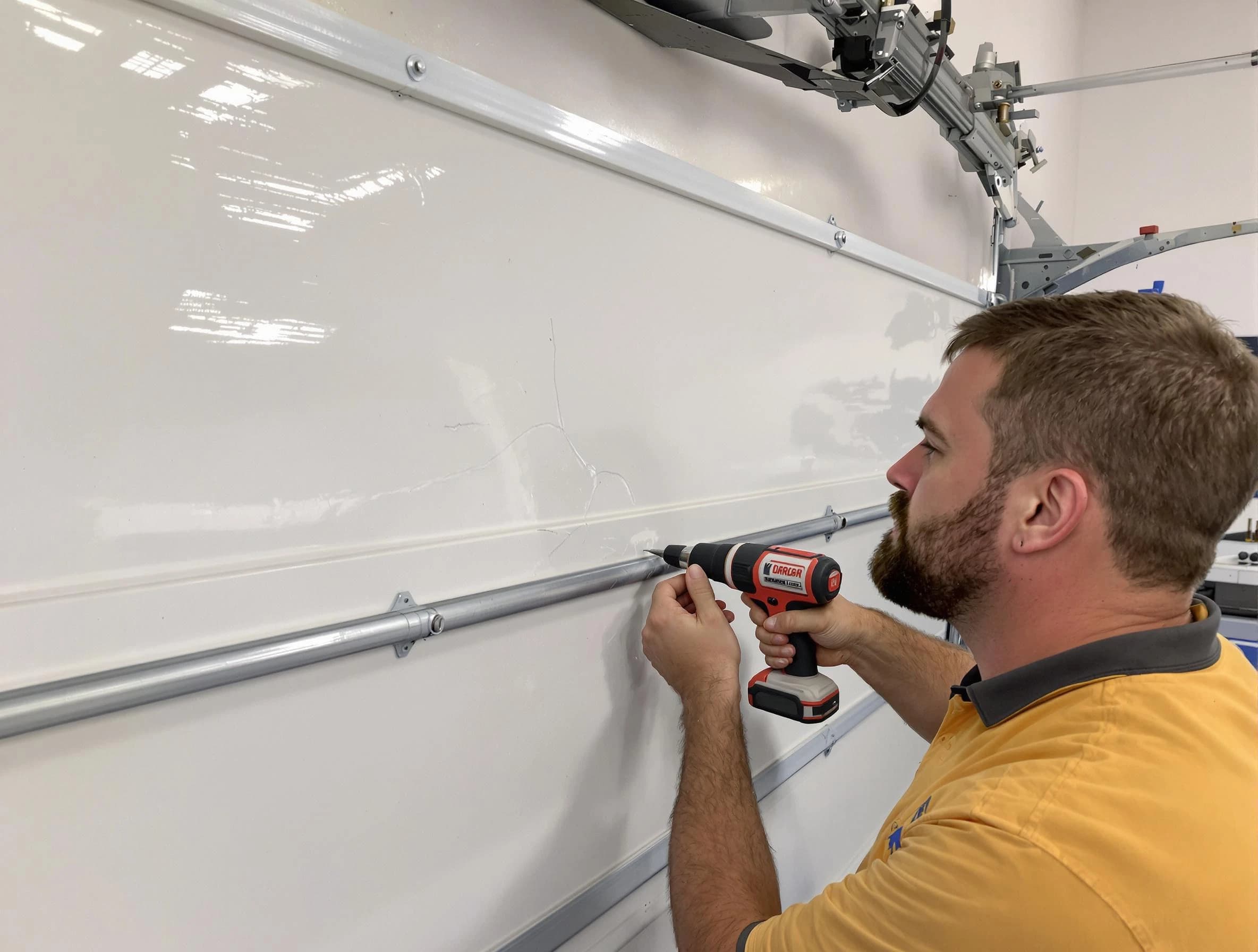 Orlando Garage Door Repair expert performing dent repair on garage door in Orlando