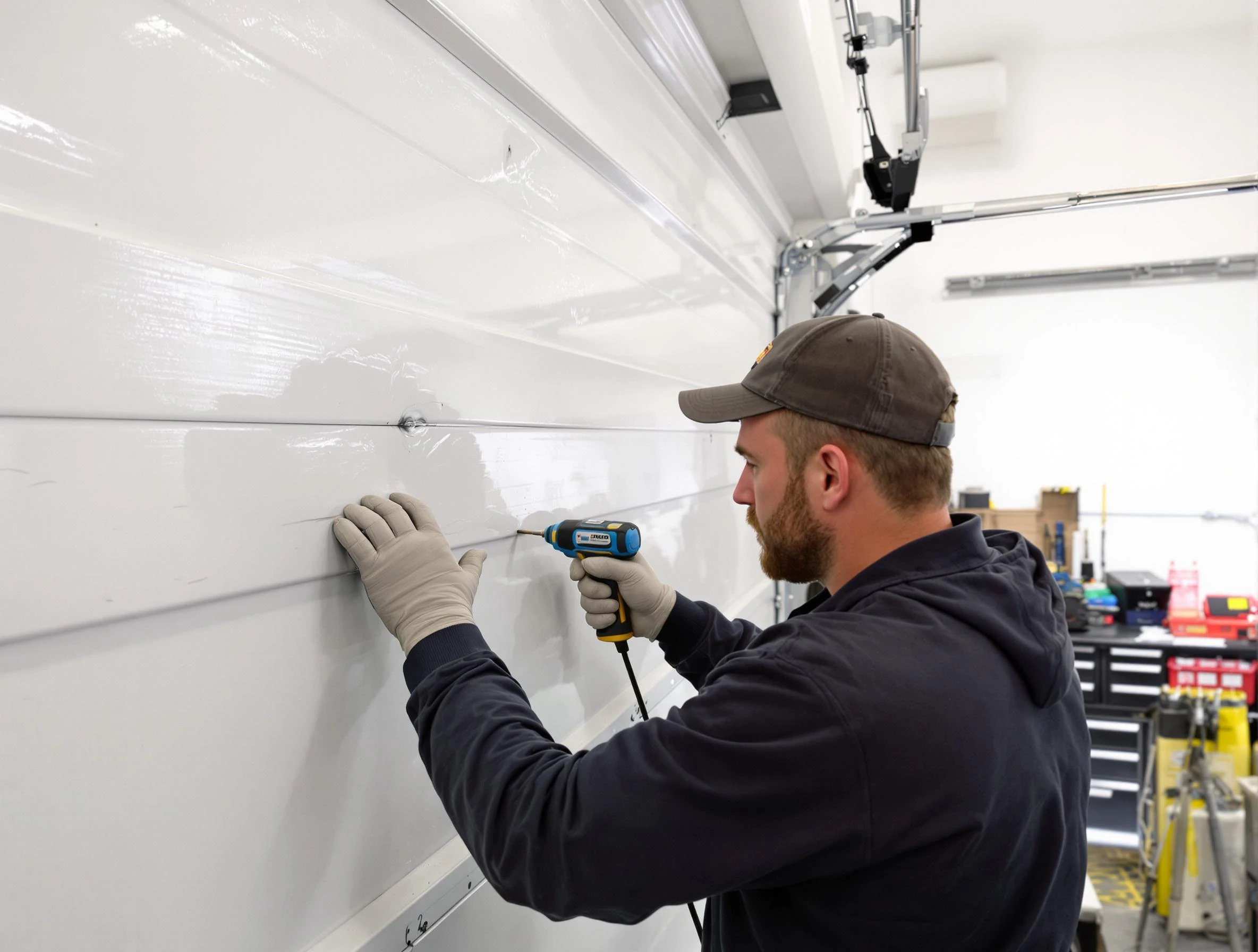 Orlando Garage Door Repair technician demonstrating precision dent removal techniques on a Orlando garage door